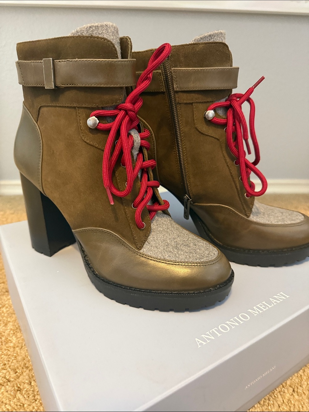 ANTONIO MELANI Olive Suede and Leather Ankle Boots with Red Laces